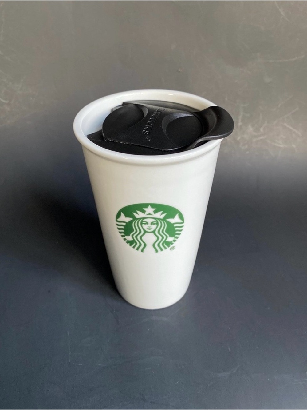 Starbucks White 10oz Ceramic Cup with Green Logo and Black Lid